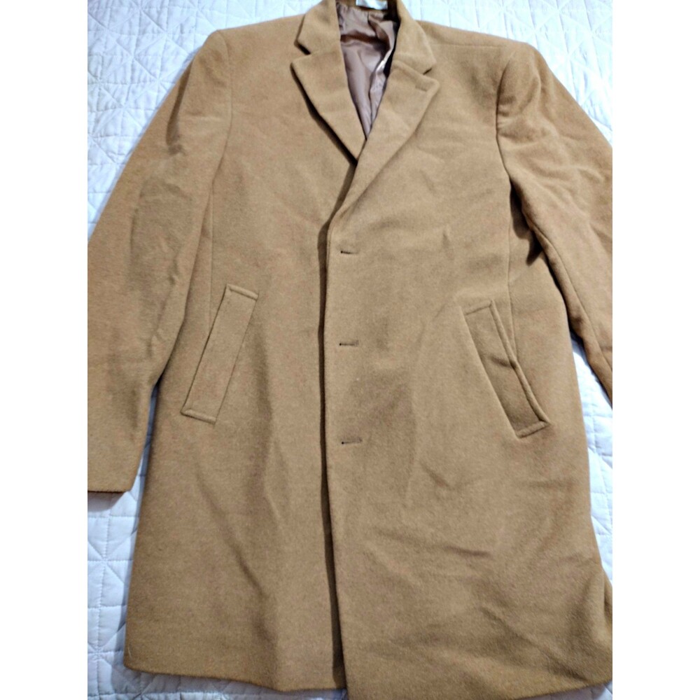 Calvin Klein Men’s Tan Slim Fit Long Overcoat Button Front Lined Size 46